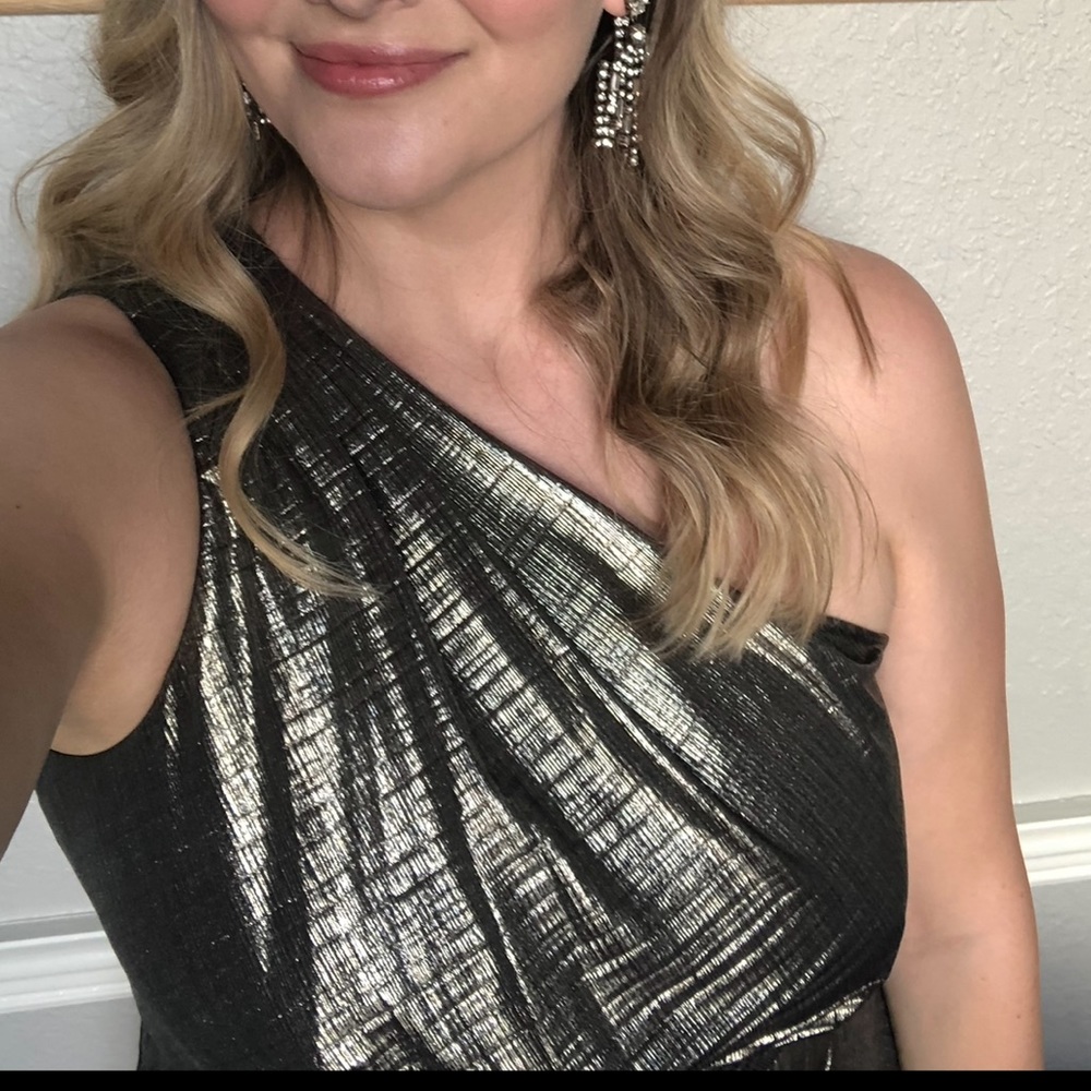 Ted Baker Gabria a one Shoulder Drape Midi Dress in Metallic